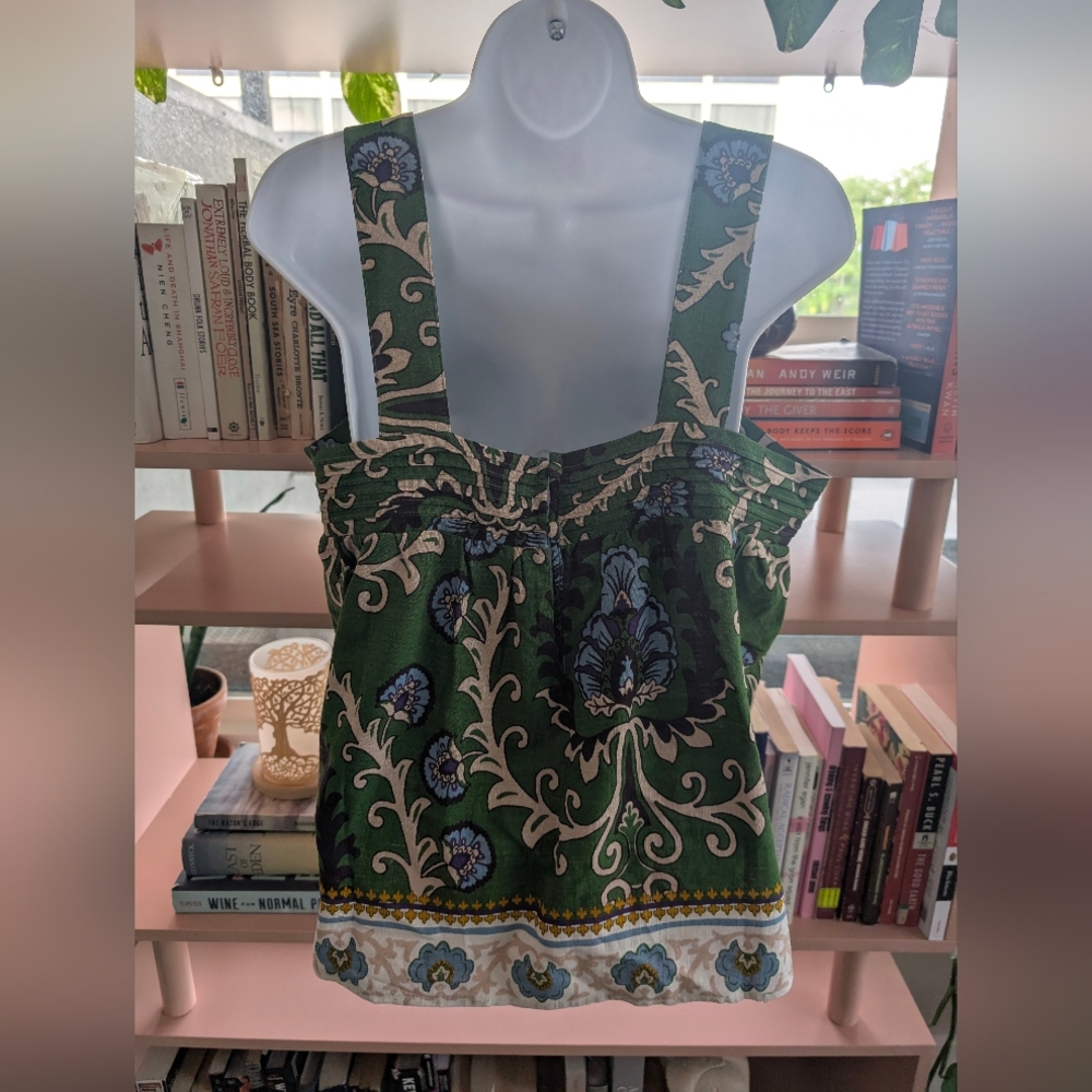 Green Floral Linen Blend Top - Picture 2 of 6
